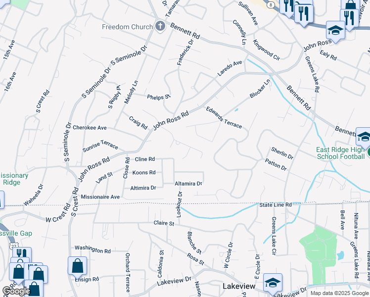 map of restaurants, bars, coffee shops, grocery stores, and more near 3624 Glen Oaks Drive in Chattanooga