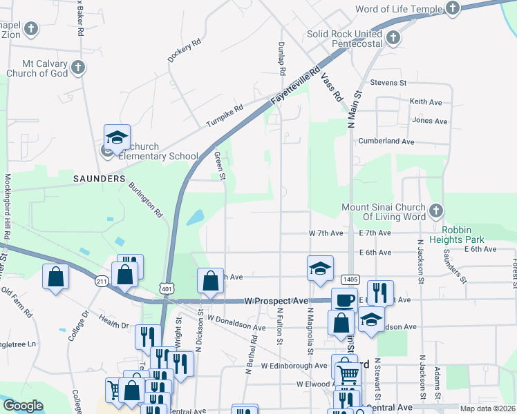 map of restaurants, bars, coffee shops, grocery stores, and more near 314 West 8th Avenue in Raeford