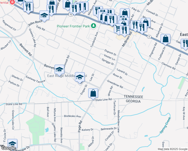 map of restaurants, bars, coffee shops, grocery stores, and more near 4501 Pontiac Drive in East Ridge