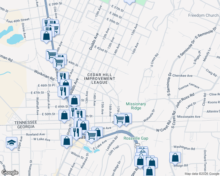 map of restaurants, bars, coffee shops, grocery stores, and more near 3120 East 44th Street in Chattanooga