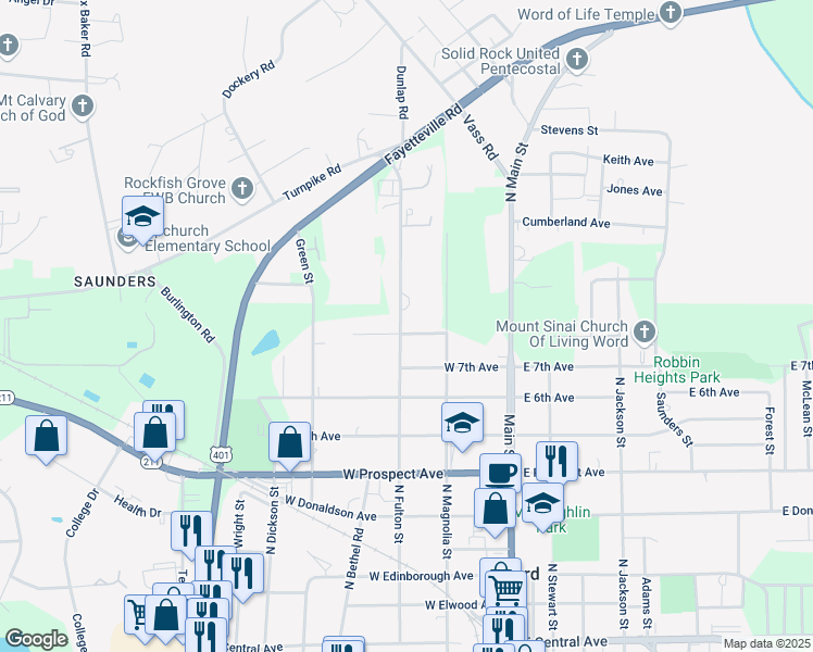 map of restaurants, bars, coffee shops, grocery stores, and more near 904 North Fulton Street in Raeford