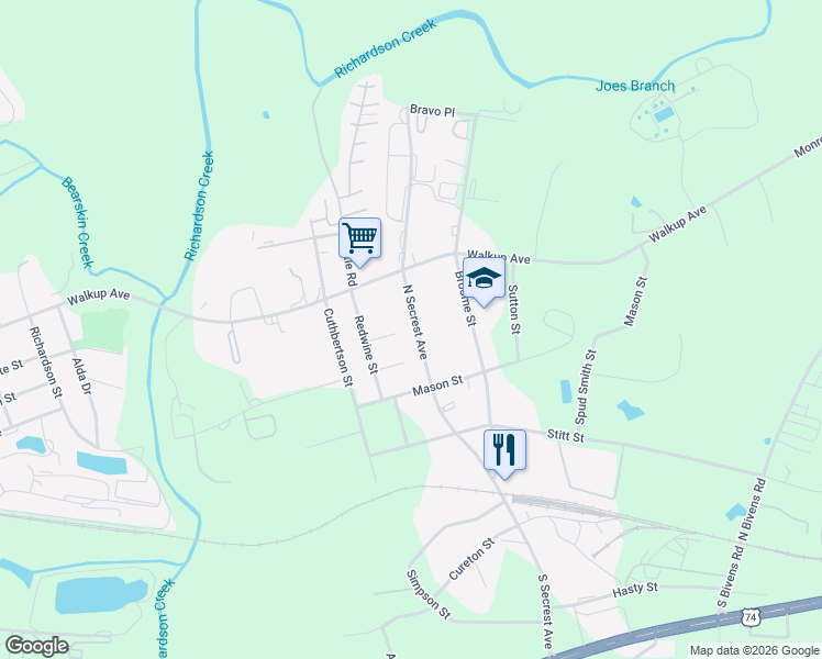 map of restaurants, bars, coffee shops, grocery stores, and more near 501 North Secrest Avenue in Monroe