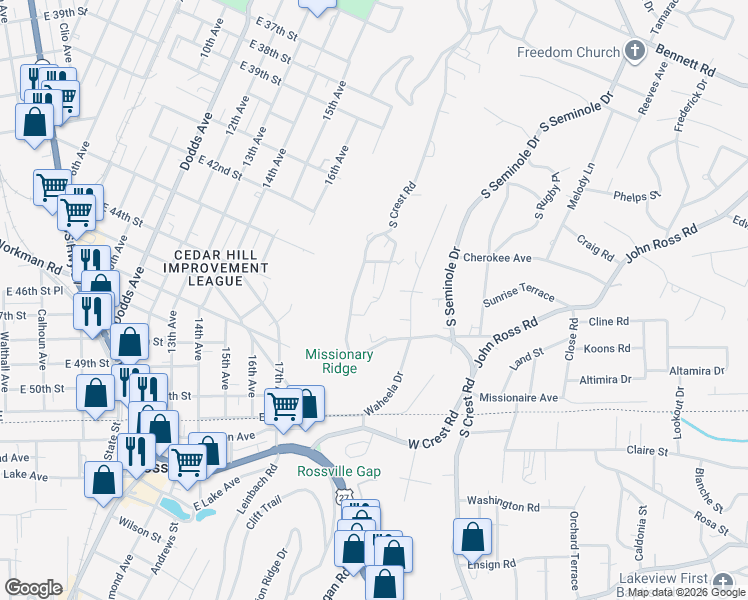 map of restaurants, bars, coffee shops, grocery stores, and more near 678 South Crest Road in Chattanooga