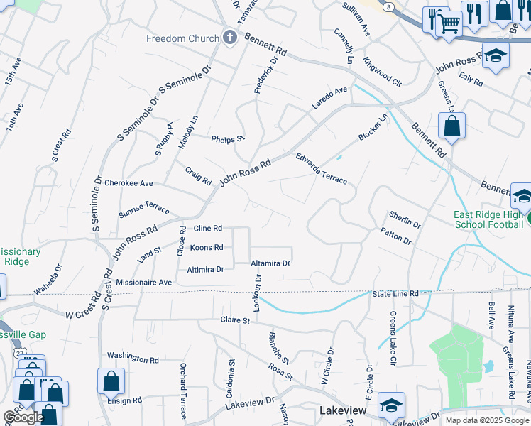 map of restaurants, bars, coffee shops, grocery stores, and more near 3624 Glen Oaks Drive in Chattanooga