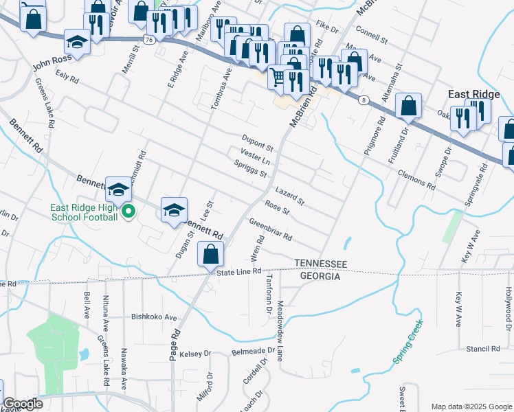 map of restaurants, bars, coffee shops, grocery stores, and more near 1908 Mcbrien Road in Chattanooga