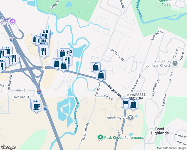 map of restaurants, bars, coffee shops, grocery stores, and more near 6741 Ringgold Road in Chattanooga