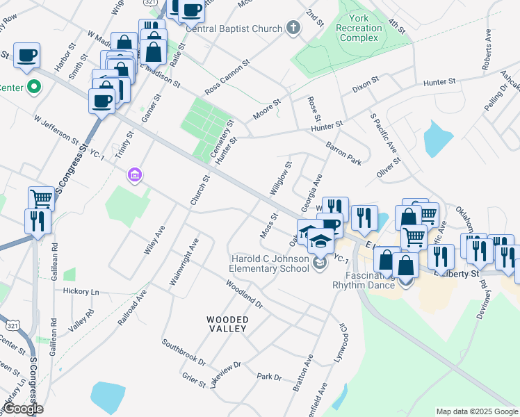 map of restaurants, bars, coffee shops, grocery stores, and more near 1 Springdale Drive in York