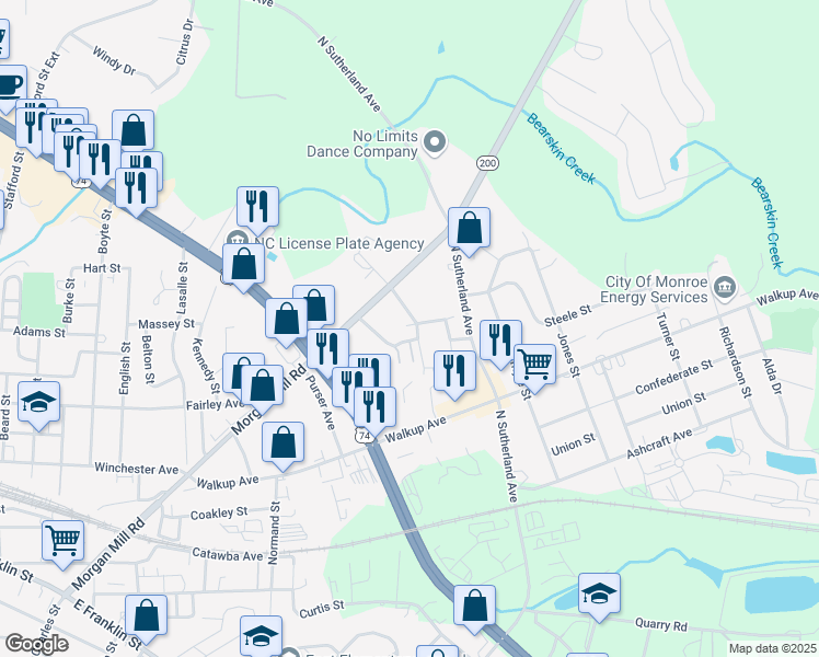 map of restaurants, bars, coffee shops, grocery stores, and more near 600 McArthur Circle in Monroe