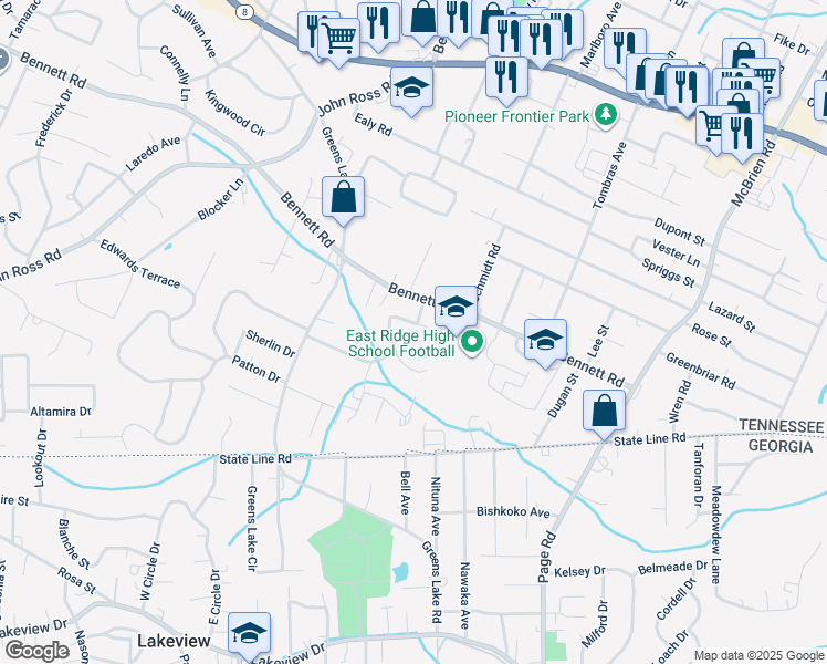 map of restaurants, bars, coffee shops, grocery stores, and more near 1312 Ridgefield Circle in Chattanooga