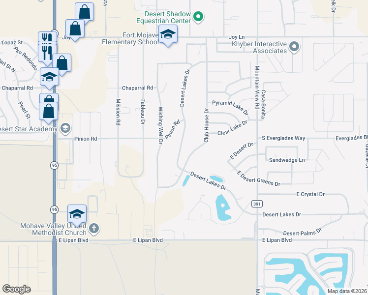 map of restaurants, bars, coffee shops, grocery stores, and more near 5752 Desert Lakes Drive in Bullhead City