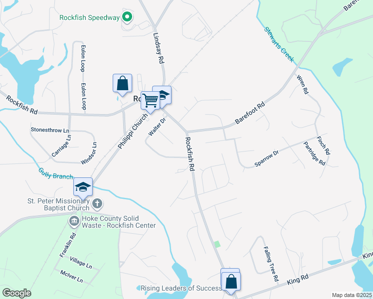 map of restaurants, bars, coffee shops, grocery stores, and more near 7832 Rockfish Road in Raeford