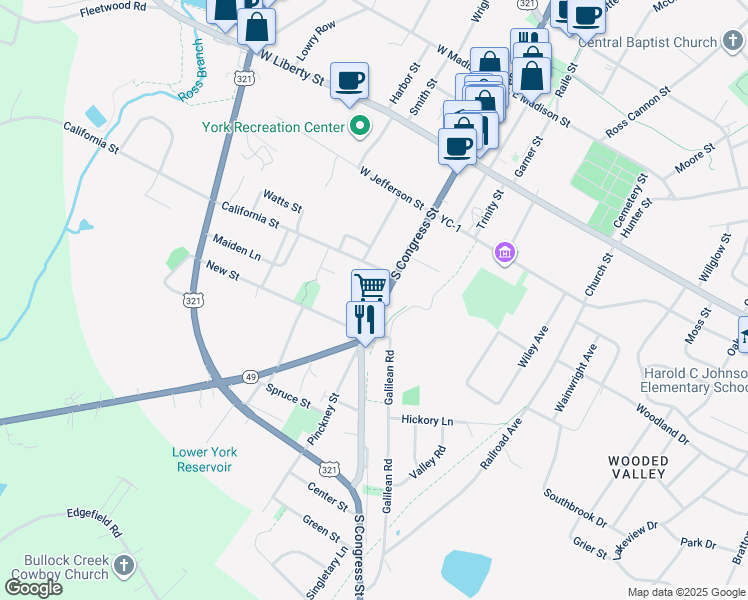 map of restaurants, bars, coffee shops, grocery stores, and more near 222 South Congress Street in York