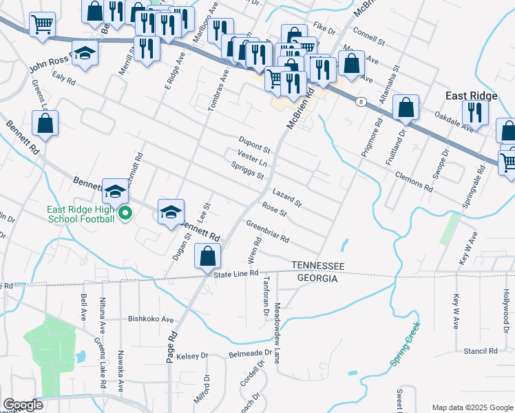 map of restaurants, bars, coffee shops, grocery stores, and more near 1908 Mcbrien Road in Chattanooga