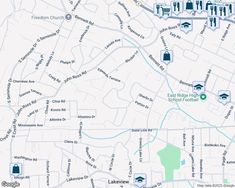 map of restaurants, bars, coffee shops, grocery stores, and more near 3905 North Mission Oaks Drive in Chattanooga