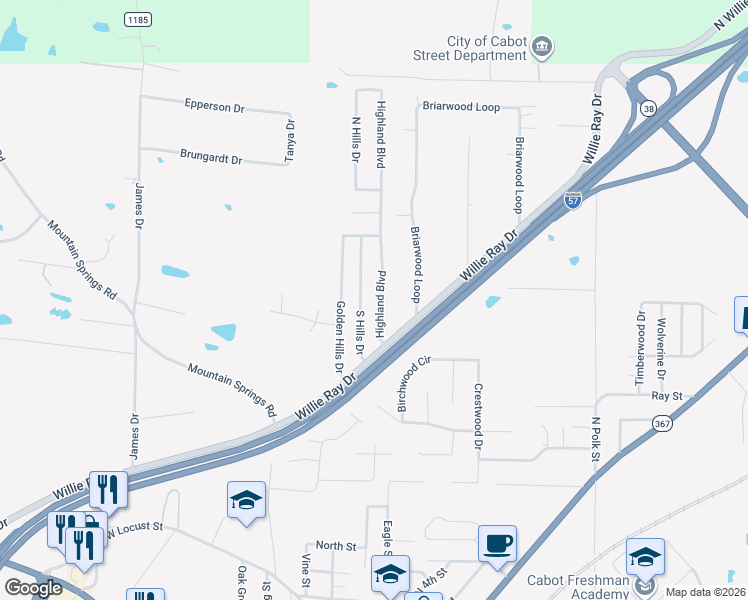 map of restaurants, bars, coffee shops, grocery stores, and more near 1023 Highland Boulevard in Cabot