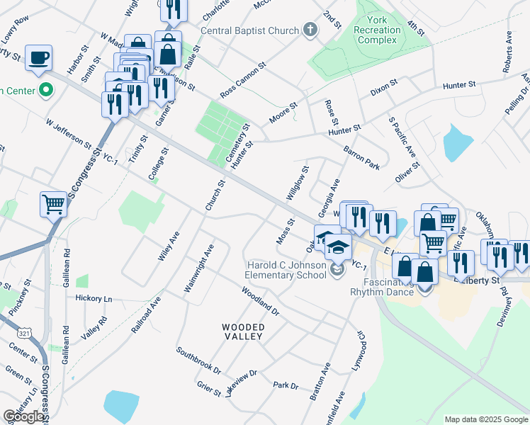 map of restaurants, bars, coffee shops, grocery stores, and more near 1 Springdale Drive in York