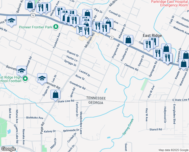 map of restaurants, bars, coffee shops, grocery stores, and more near 5341 Lazard Street in Chattanooga