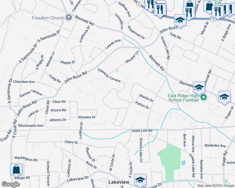 map of restaurants, bars, coffee shops, grocery stores, and more near 3905 North Mission Oaks Drive in Chattanooga