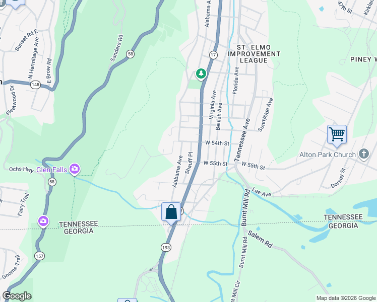 map of restaurants, bars, coffee shops, grocery stores, and more near 5407 Shauff Place in Chattanooga