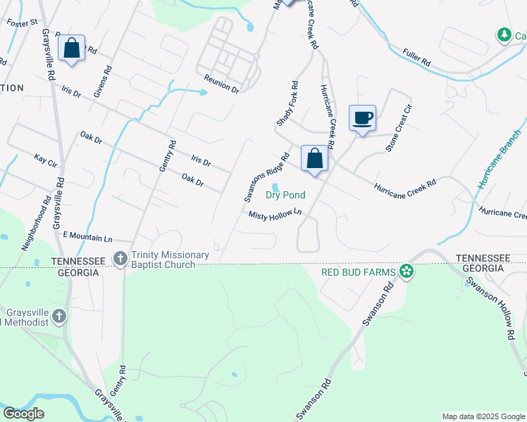 map of restaurants, bars, coffee shops, grocery stores, and more near 8707 Misty Hollow Lane in Chattanooga