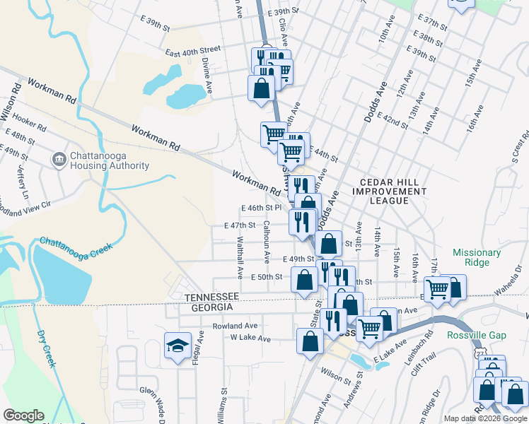 map of restaurants, bars, coffee shops, grocery stores, and more near 1520 East 46th Street Place in Chattanooga
