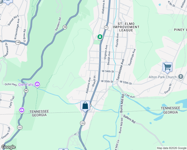 map of restaurants, bars, coffee shops, grocery stores, and more near 5407 Shauff Place in Chattanooga