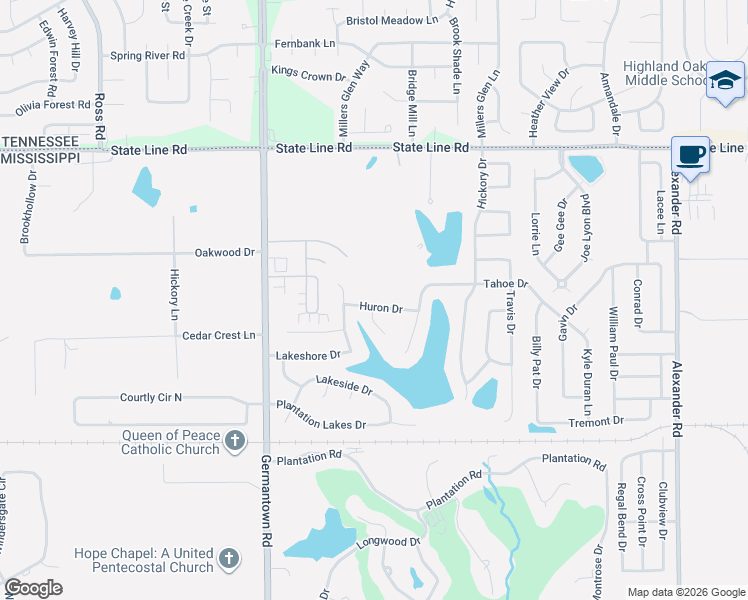 map of restaurants, bars, coffee shops, grocery stores, and more near 9312 Huron Drive in Olive Branch