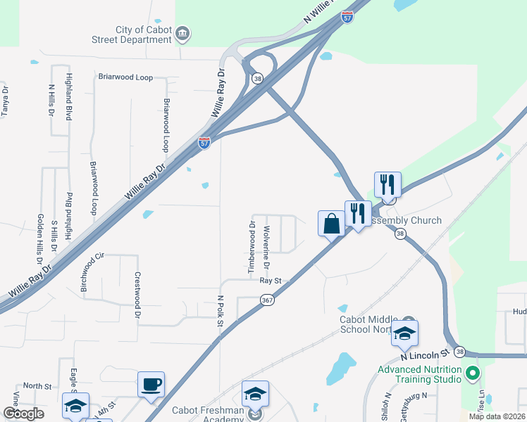 map of restaurants, bars, coffee shops, grocery stores, and more near 50 Timberwood Drive in Cabot
