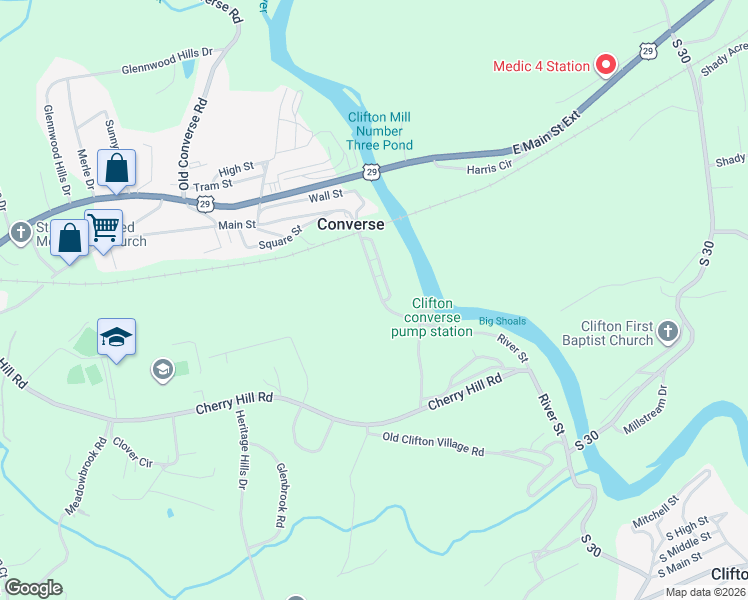 map of restaurants, bars, coffee shops, grocery stores, and more near 496 River Street in Converse