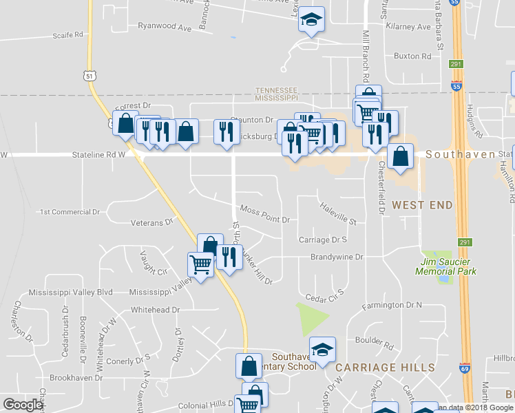 map of restaurants, bars, coffee shops, grocery stores, and more near 1416 Moss Point Drive in Southaven