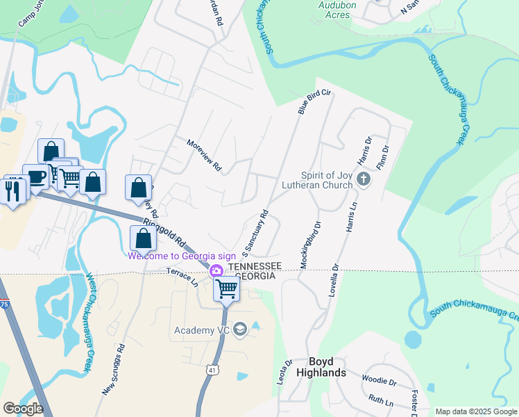 map of restaurants, bars, coffee shops, grocery stores, and more near 441 Pine Bluff Drive in Chattanooga