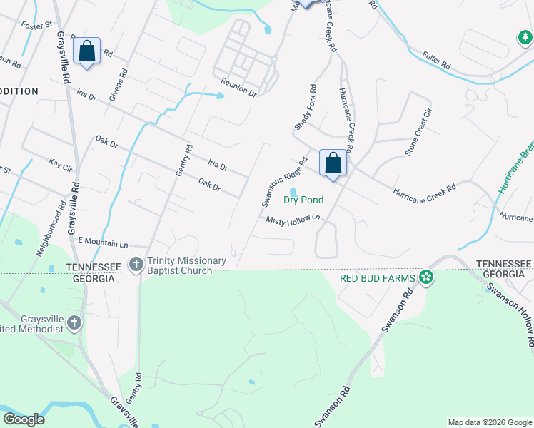 map of restaurants, bars, coffee shops, grocery stores, and more near 625 Swansons Ridge Road in Chattanooga