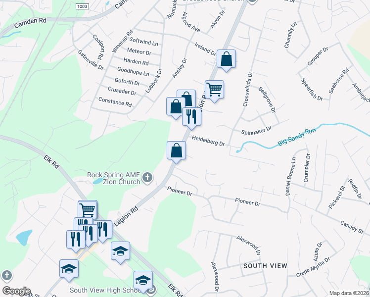 map of restaurants, bars, coffee shops, grocery stores, and more near 3829 Legion Road in Hope Mills