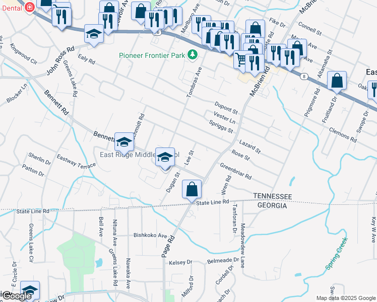 map of restaurants, bars, coffee shops, grocery stores, and more near 2025 Lee Street in Chattanooga
