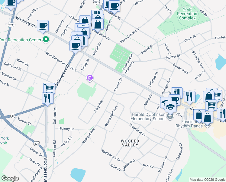 map of restaurants, bars, coffee shops, grocery stores, and more near 235 East Jefferson Street in York