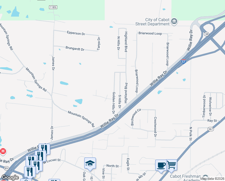 map of restaurants, bars, coffee shops, grocery stores, and more near 1031 Golden Hills Drive in Cabot