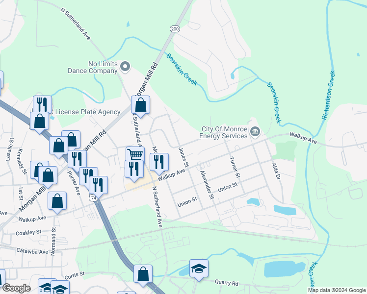map of restaurants, bars, coffee shops, grocery stores, and more near 514 Jones Street in Monroe
