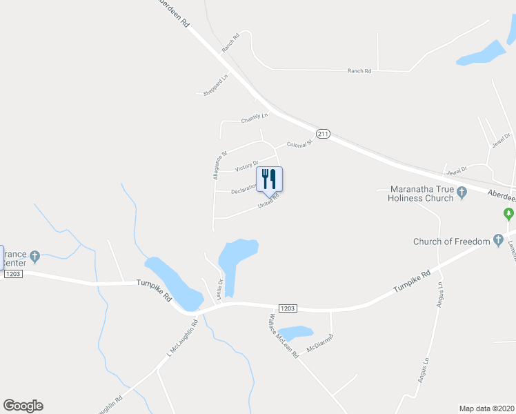 map of restaurants, bars, coffee shops, grocery stores, and more near 354 United Road in Raeford