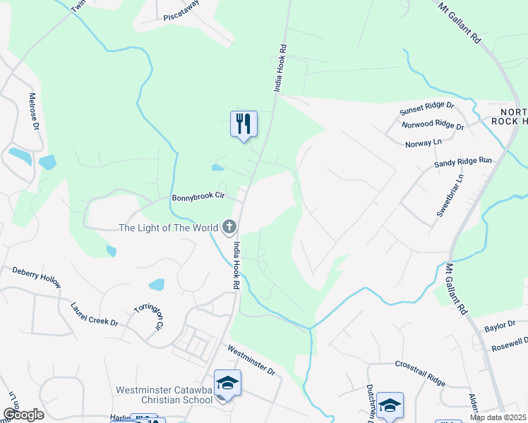 map of restaurants, bars, coffee shops, grocery stores, and more near 2970 India Hook Road in Rock Hill