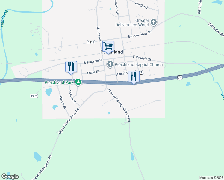 map of restaurants, bars, coffee shops, grocery stores, and more near 59 Lower White Store Road in Peachland