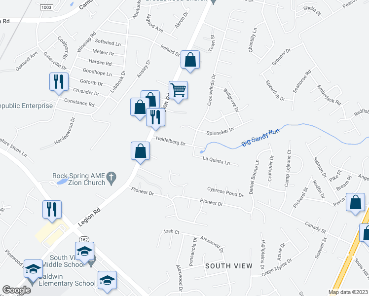 map of restaurants, bars, coffee shops, grocery stores, and more near 3936 Heidelberg Drive in Hope Mills