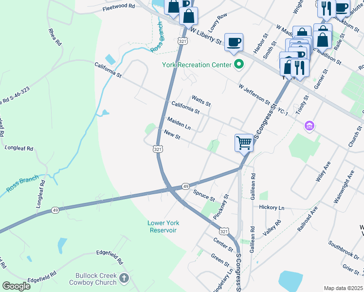 map of restaurants, bars, coffee shops, grocery stores, and more near 307 New Street in York