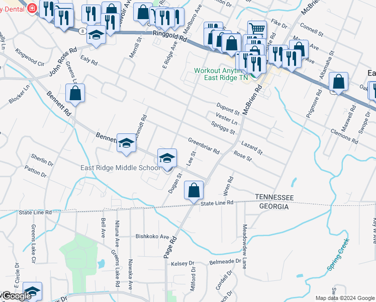 map of restaurants, bars, coffee shops, grocery stores, and more near 4501 Pontiac Drive in Chattanooga