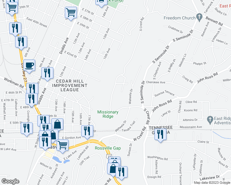 map of restaurants, bars, coffee shops, grocery stores, and more near 676 South Crest Road in Chattanooga