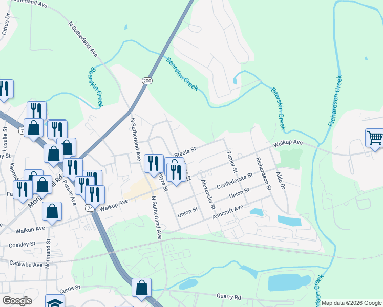 map of restaurants, bars, coffee shops, grocery stores, and more near 1931 Bass Creek Court in Monroe