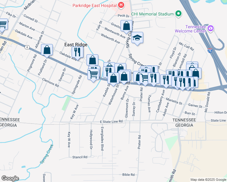 map of restaurants, bars, coffee shops, grocery stores, and more near 1511 Waterhouse Street in Chattanooga