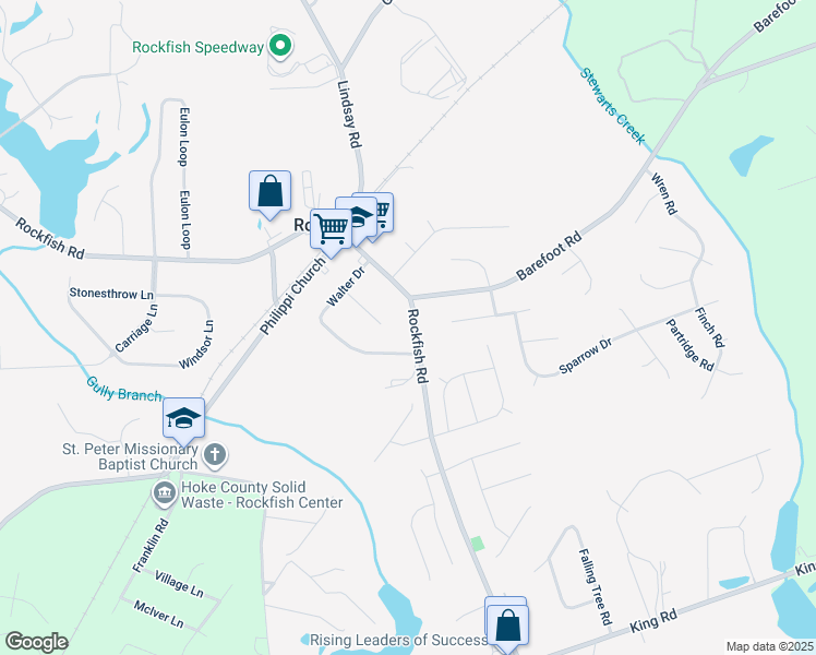 map of restaurants, bars, coffee shops, grocery stores, and more near 7832 Rockfish Road in Raeford