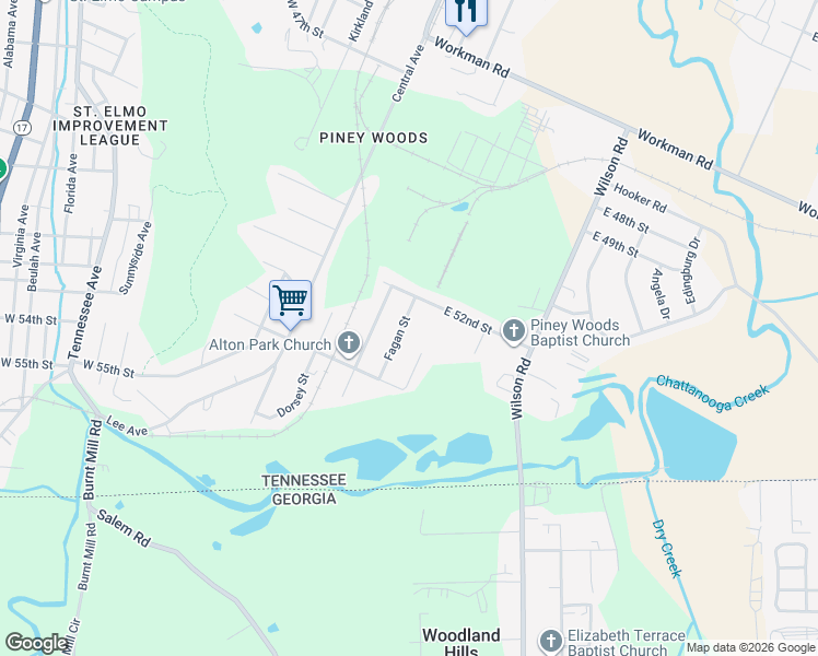map of restaurants, bars, coffee shops, grocery stores, and more near 5229 Fagan Street in Chattanooga