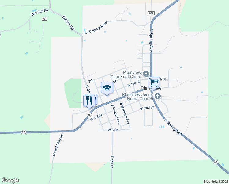 map of restaurants, bars, coffee shops, grocery stores, and more near 501 West 5th Street in Plainview