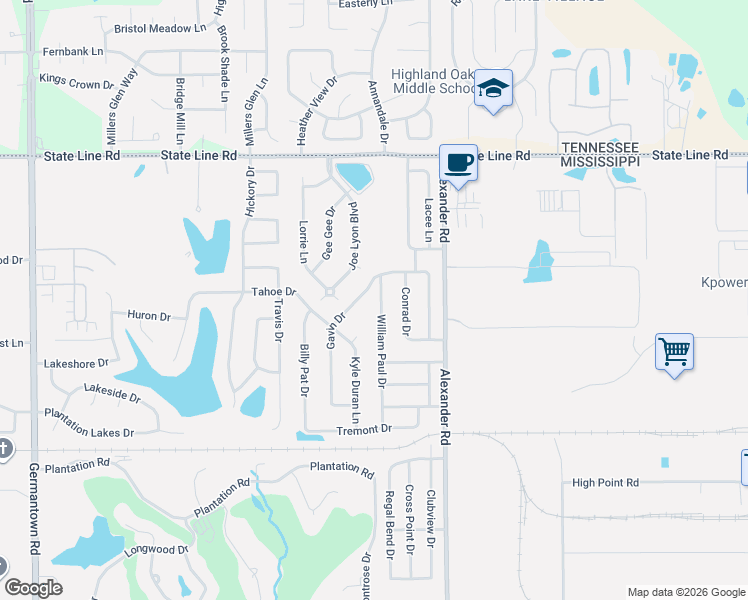 map of restaurants, bars, coffee shops, grocery stores, and more near 9189 William Paul Drive in Olive Branch